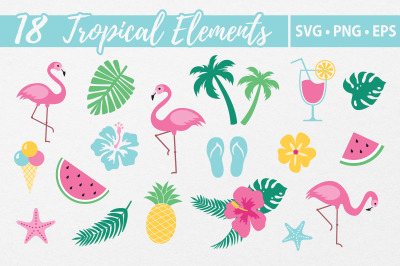 Tropical Vector Elements Bundle. SVG PNG summer illustrations. Cut fil