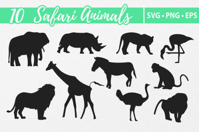 10 Safari Animals SVG shapes. Vector illustration. Cut files. Elephant