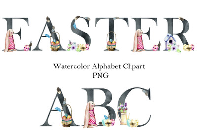 Watercolor Easter Black Alphabet.