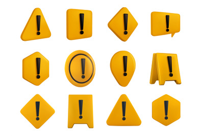 Yellow 3D warning sign. Hazard symbols with exclamation points, safety