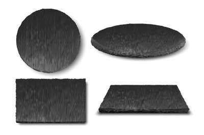 Natural slate plates. Black stone textured plate, dark rock round and