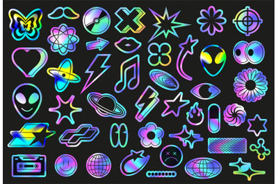 Iridescent holo stickers pack. Fluorescent retro 90s style symbols, Y2