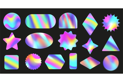 Iridescent holo sticker shapes. Holographic geometric forms, colorful