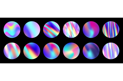 Iridescent holographic circles. Round iridescent fluid color gradients