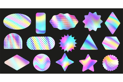 Textured holographic stickers. Iridescent geometric figures&2C; holo grad