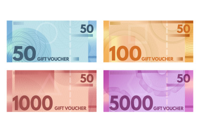 Guilloche banknote vouchers. Currency style coupons, shopping certific