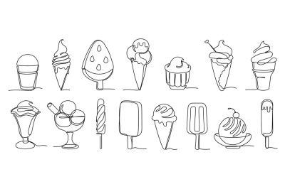 Continuous one line ice cream. Hand drawn soft serve frozen desserts,