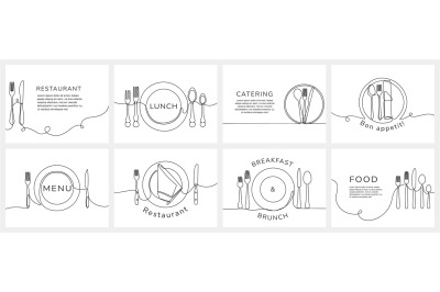 Continuous one line restaurant banners. Table settings with text space