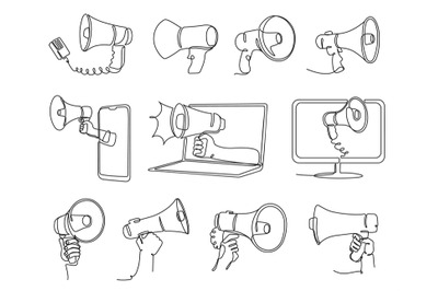 Continuous one line megaphone. Handheld loudspeakers for announcements