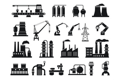 Industrial factory silhouettes. Machinery and manufacturing icons, pow