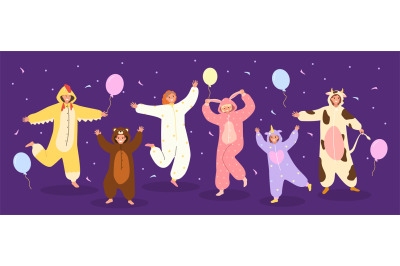 Funny pajama party. Festive celebration with people in animal onesies,
