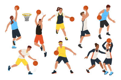 Dynamic basketball players in action. Athletes characters shooting, dr