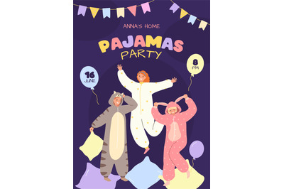 Pajama party invitation poster template. Characters with onesies and k