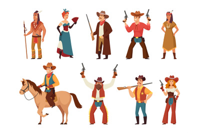 Cartoon wild west characters. Classic western cowboy and cowgirl, nati