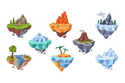 Low poly flying island. Floating landforms with various natural enviro