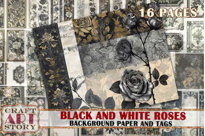 Background Paper and tags Black and white golden roses