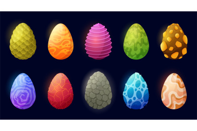 Cartoon fantasy dragon egg. Mythical creature eggs with unique pattern