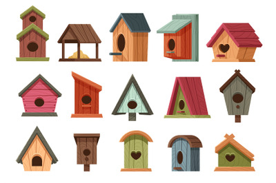 Cartoon wooden bird houses. Rustic avian homes with various designs, c