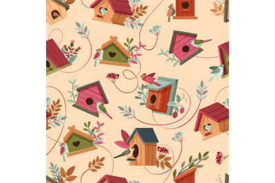 Cartoon bird houses pattern. Wooden bird homes with chirping birds and