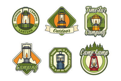 Lantern camp emblem. Outdoor camping badge, adventure tag with classic