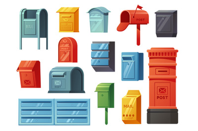 Cartoon postal mailboxes. Traditional curbside mailbox, wall mounted,