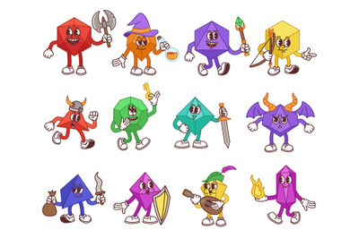 Board game dice mascot characters. Fantasy game themed geometric shape