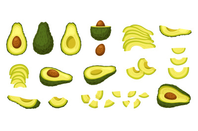 Cartoon fresh avocados. Whole avocado, halves with pit, sliced and cho