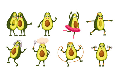 Cartoon avocados mascot characters. Playful avocado figures with fitne