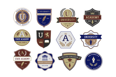 Education emblem. Academic institution badges for university, academy,