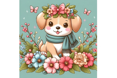 Cute dog in floral background