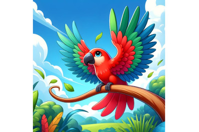 Cartoon red parrot on a branch