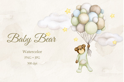 Baby bear in a balloon. Watercolor. PNG JPG