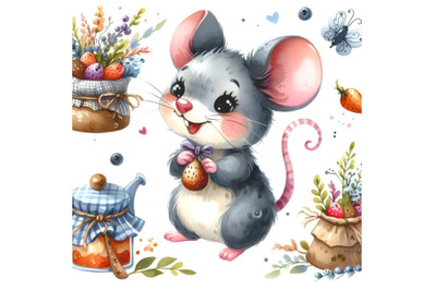 Cartoon mouse watercolor illustration