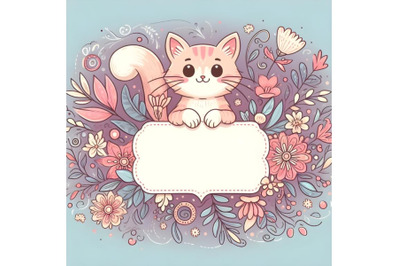 Card with cute cat in decorative floral elements