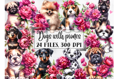 Dog clipart, dogs clipart, dogs with peonies png