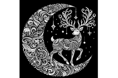 Ornamental white reindeer over moon