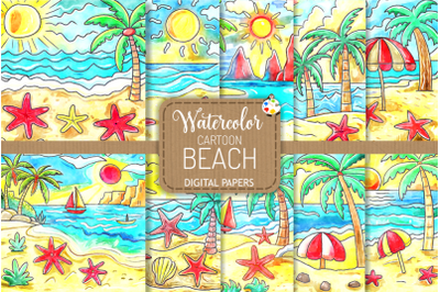 Cartoon Beach - Watercolor Doodle Landscape Scenes