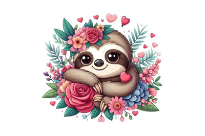 flower lover baby sloth a white background