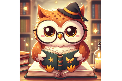 Wise owl reading book wairing a cute glass