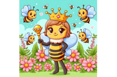 Queen bee showing with flower background