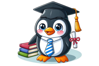 Penguin cartoon with graduation cap and striped tie