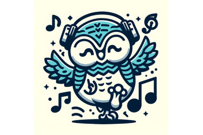 Owl with headphones and dancing with music icon