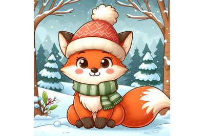 Cute fox against a snowy forest