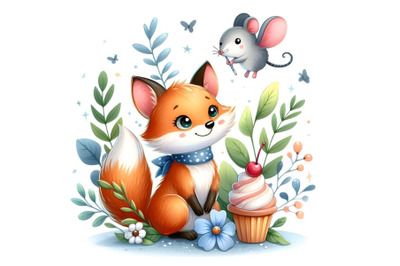 cute fox  graphics, watercolor fox and mouse