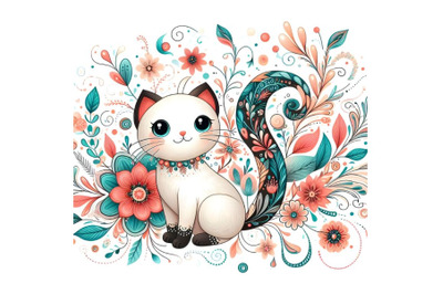 cute cat with floral ornament