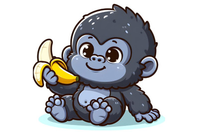 Cute baby gorilla holding a banana