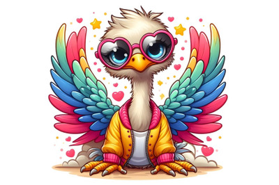 cute Ostriche with beautiful wings in sunglasses and bright jackets