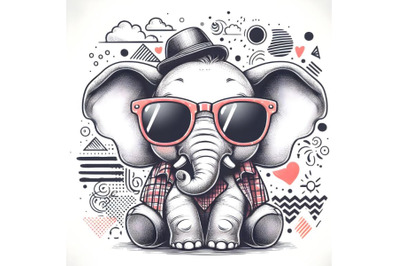 Cute hipster elephant with glasses