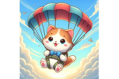 Cute cat is flying on parachute in sky. Cartoon character