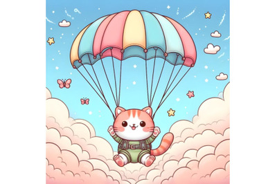 Cute cat is flying on parachute in sky